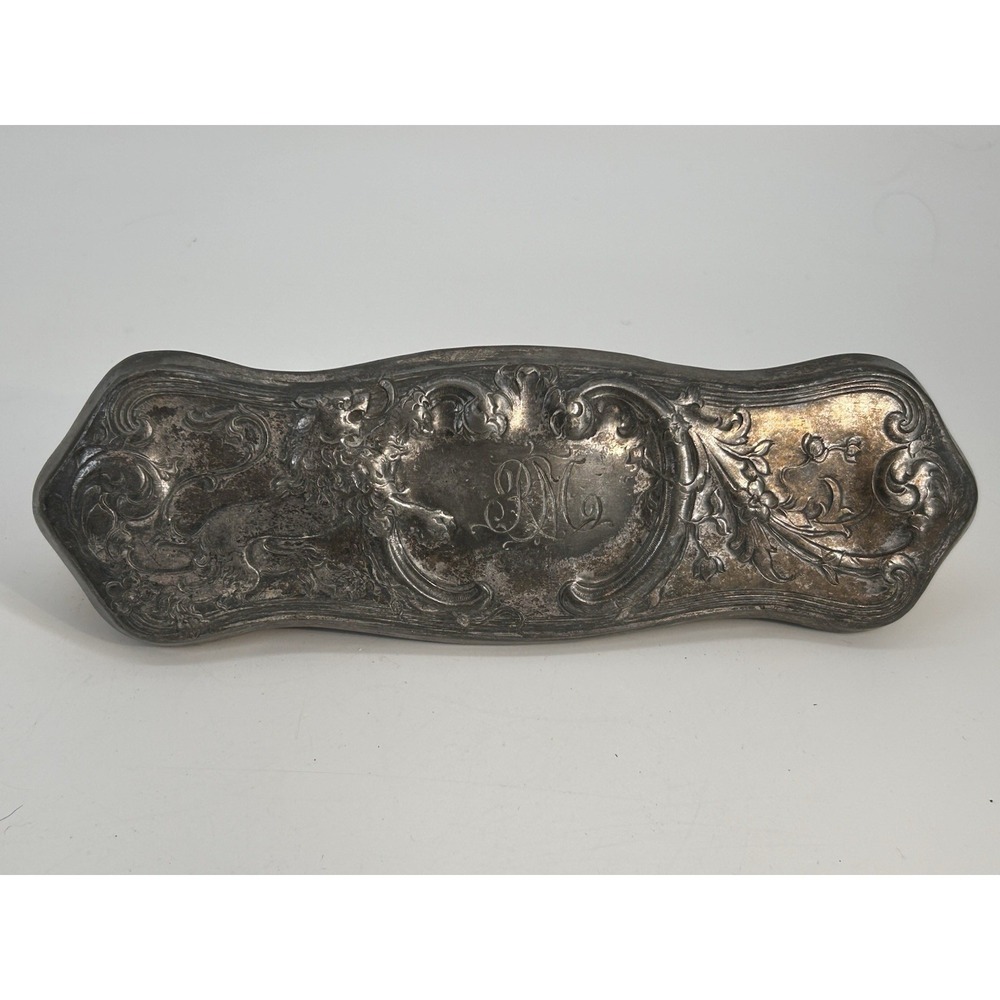 Antique Art Nouveau Silver Vanity Clothes Brush‎ Ornate Repousse Lion Design